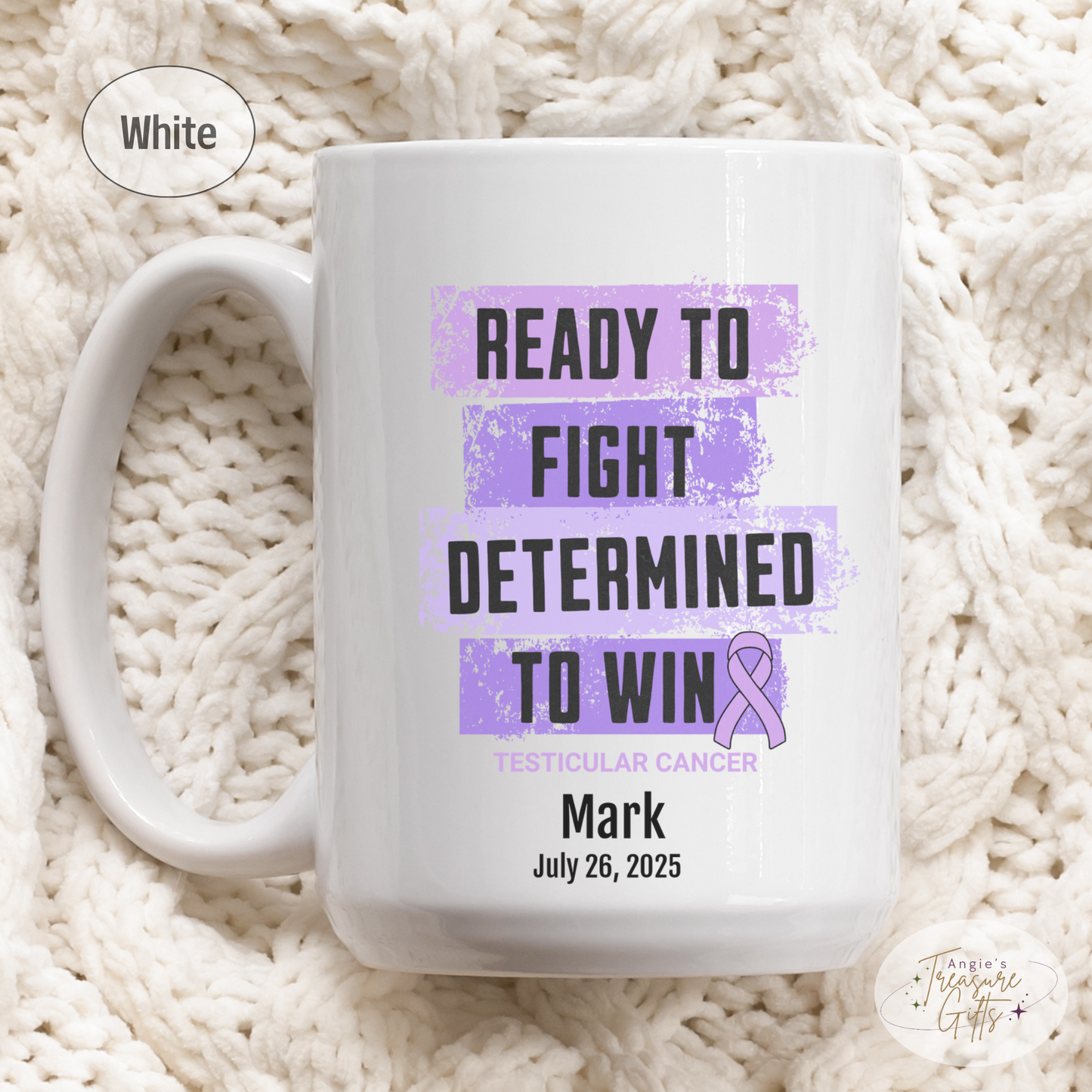 Personalized Testicular Cancer Awareness Mug – “Ready to Fight, Determined to Win” – Light Purple Ribbon Survivor Gift
