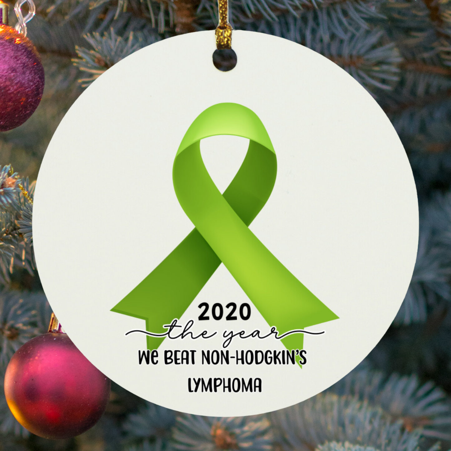 Personalized Non-Hodgkin’s Lymphoma Survivor Christmas Ornament – Lime Green Awareness Ribbon