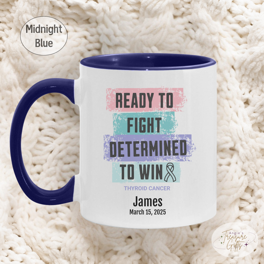 Personalized Thyroid Cancer Awareness Mug – “Ready to Fight, Determined to Win” – Teal Pink Blue Ribbon Survivor Gift