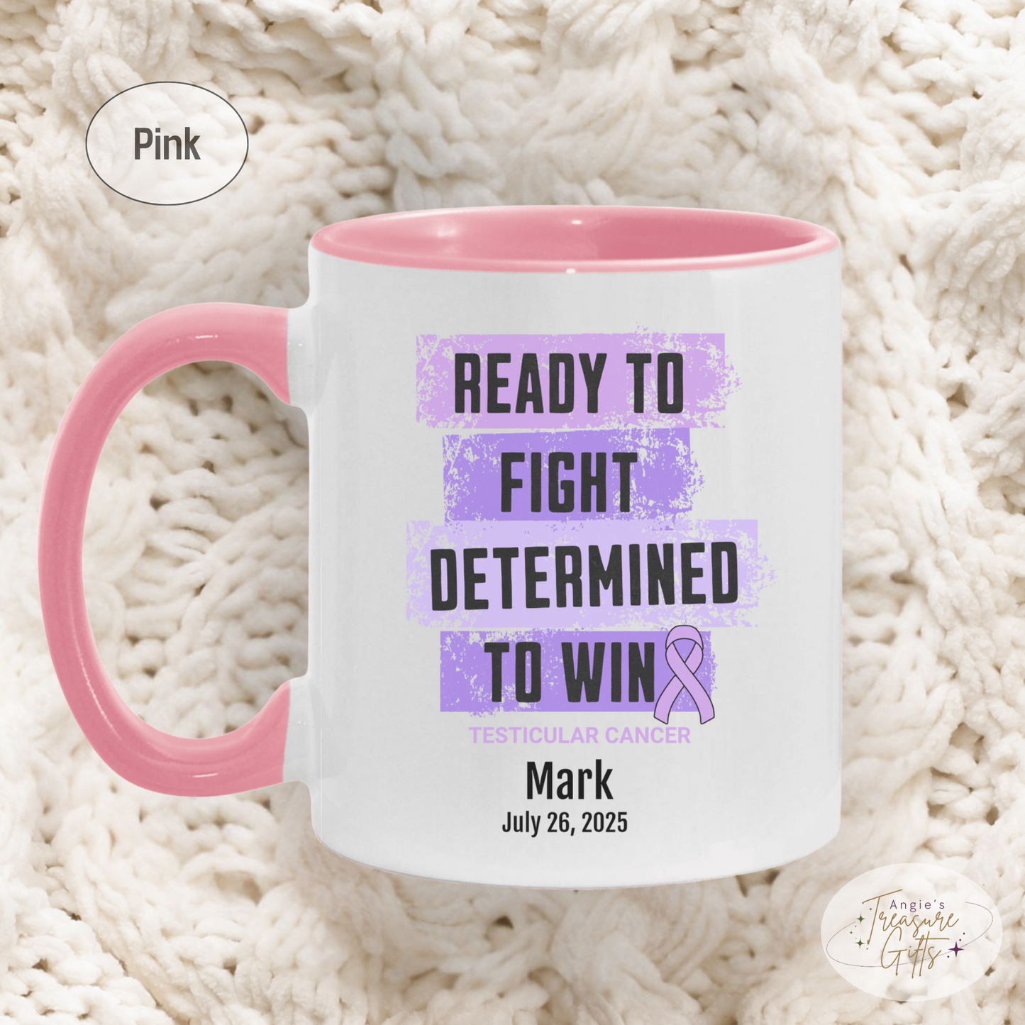 Personalized Testicular Cancer Awareness Mug – “Ready to Fight, Determined to Win” – Light Purple Ribbon Survivor Gift