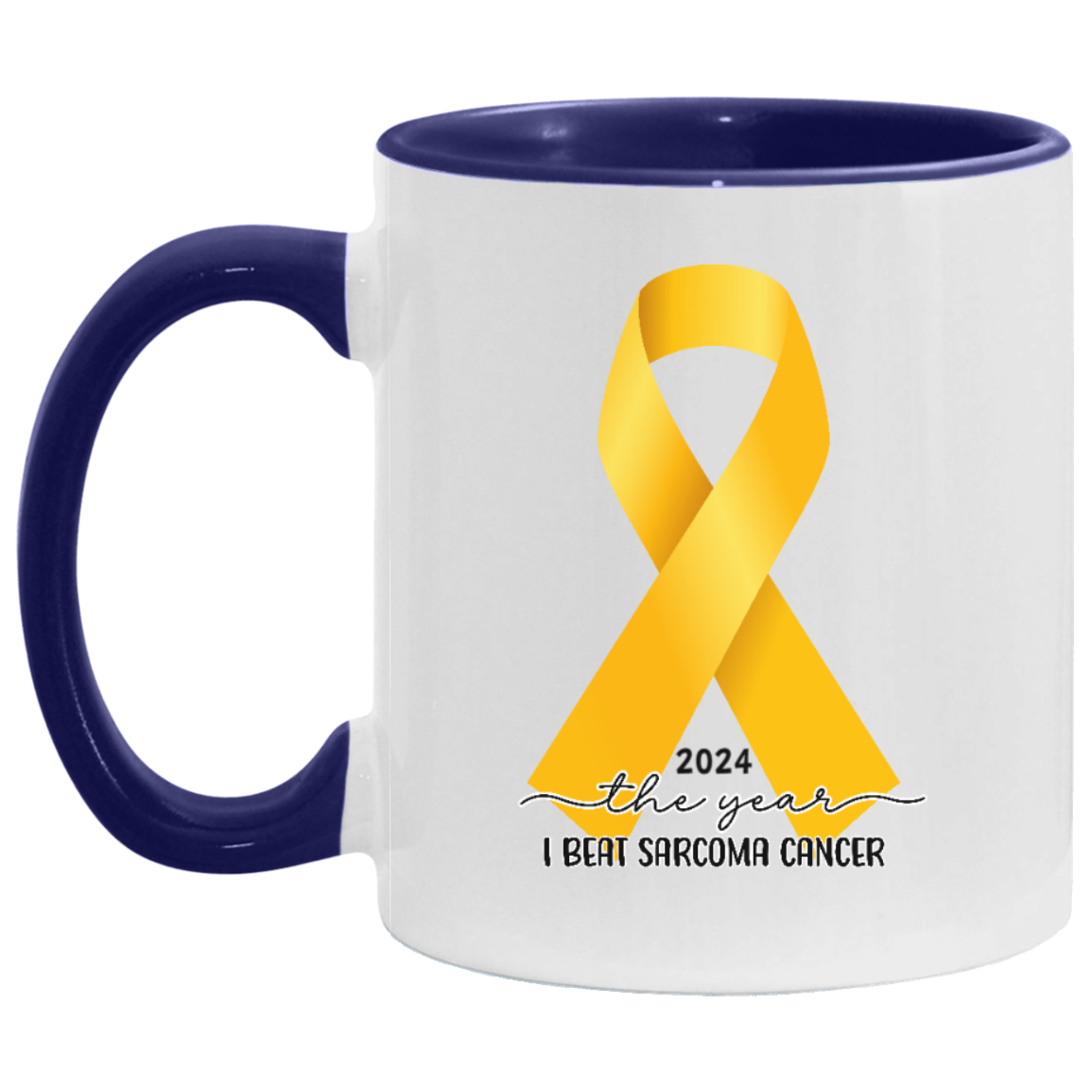 Custom Sarcoma Cancer Mug, I Beat Sarcoma Cancer Gift, Cancer Survivor Customized Coffee Cup, Yellow Awareness Ribbon, Accent Color Mug