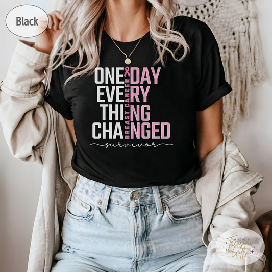 Breast Cancer Survivor Shirt "One Day Everything Changed" – Bella Canvas 3001, Pink Ribbon Awareness Tee