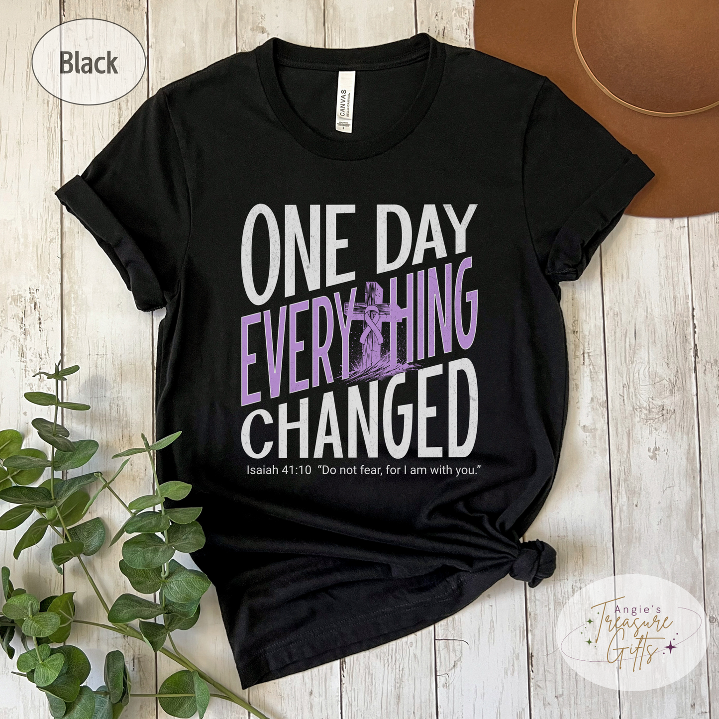 One Day Everything Changed Isaiah 41:10 Hodgkin's Lymphoma Awareness Shirt | Purple Ribbon | Faith Hope Love Bella Canvas 3001 Tee