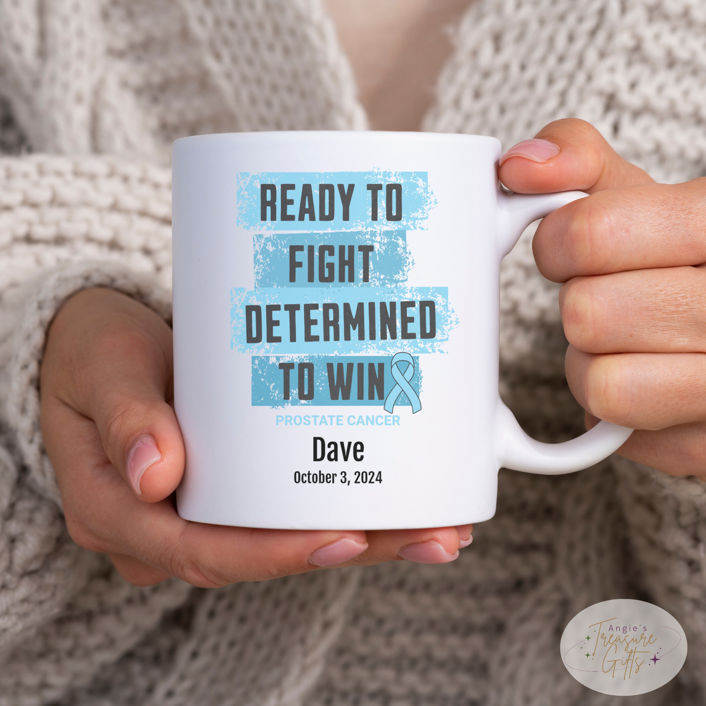 Personalized Prostate Cancer Awareness Mug – “Ready to Fight, Determined to Win” – Light Blue Ribbon Survivor Gift