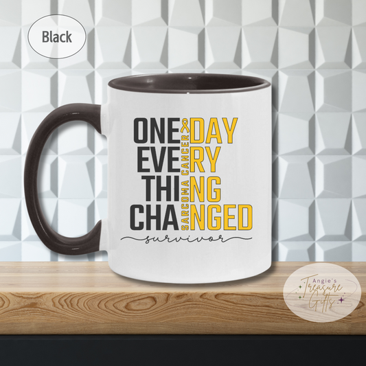Sarcoma Cancer Survivor Mug – “One Day Everything Changed” – Yellow Awareness Ribbon Coffee Cup