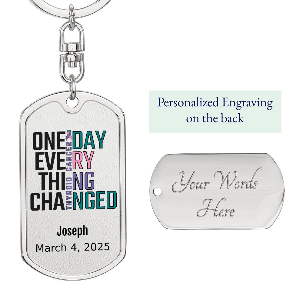Personalized Thyroid Cancer Dog Tag Necklace or Keychain – One Day Everything Changed – Custom Engraved Cancer Gift & Keepsake