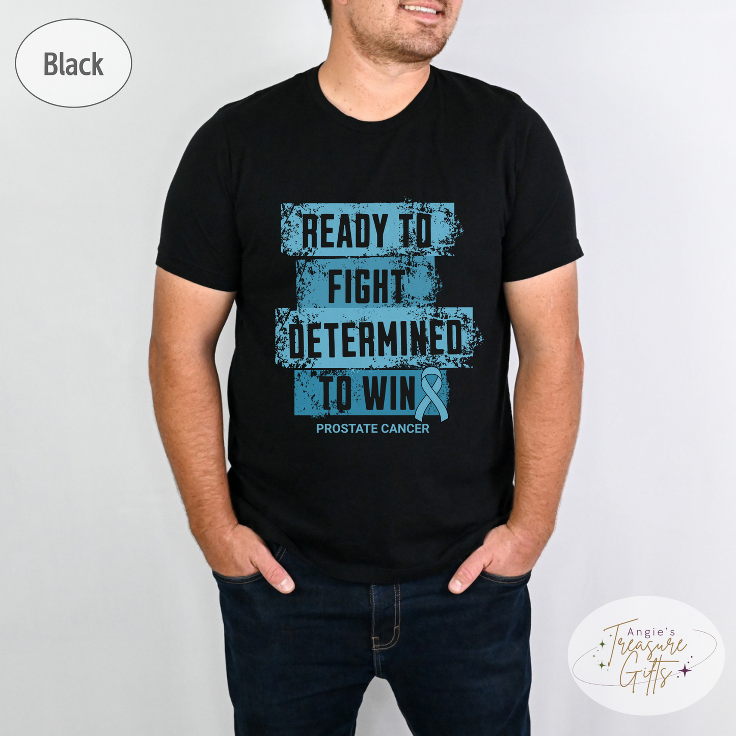 Prostate Cancer Awareness T-Shirt – Light Blue Ribbon Survivor Gift – Ready to Fight Determined to Win