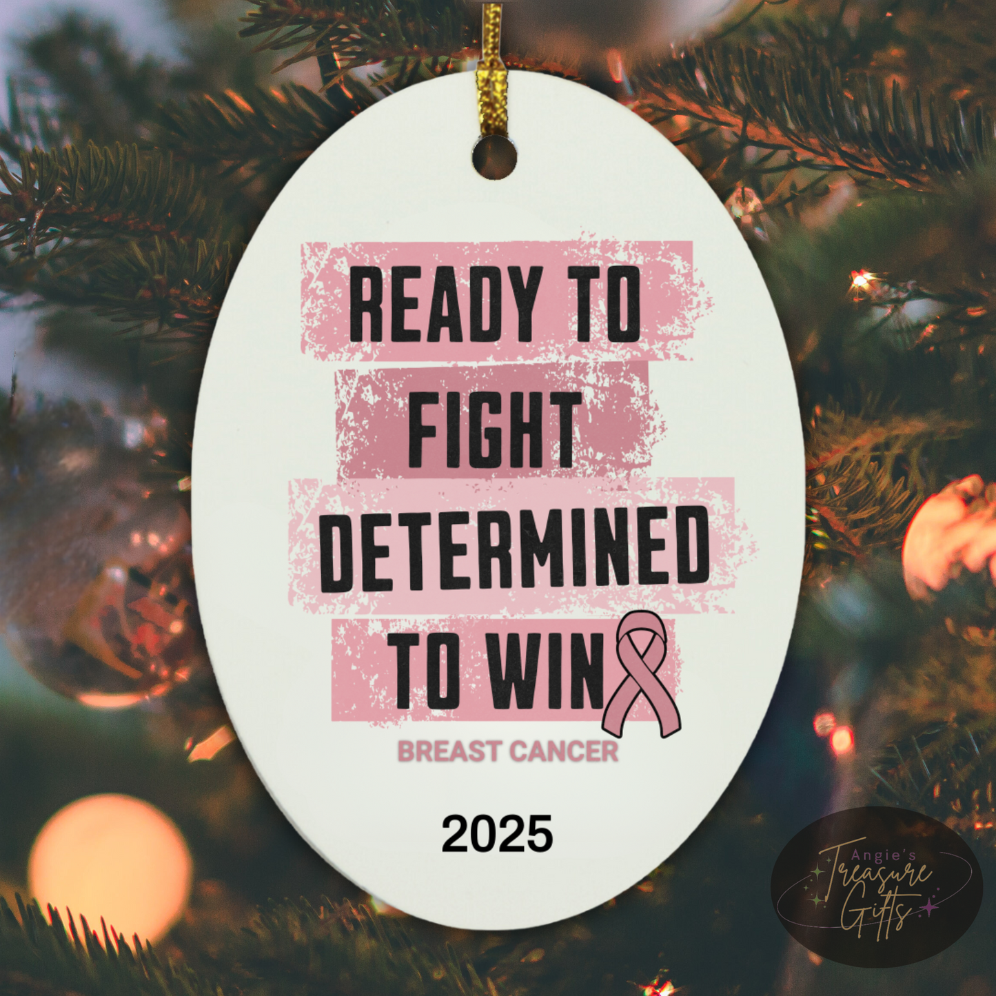 Personalized Breast Cancer Awareness Ornament – “Ready to Fight, Determined to Win” Pink Ribbon
