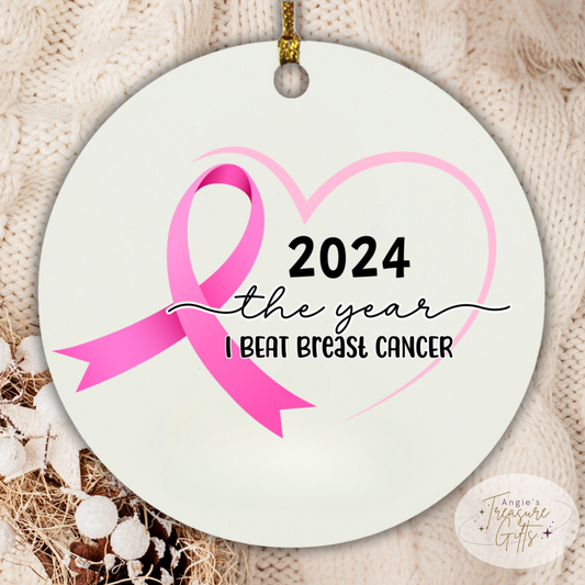 Personalized Breast Cancer Survivor Ornament – Pink Ribbon Heart – Custom Year