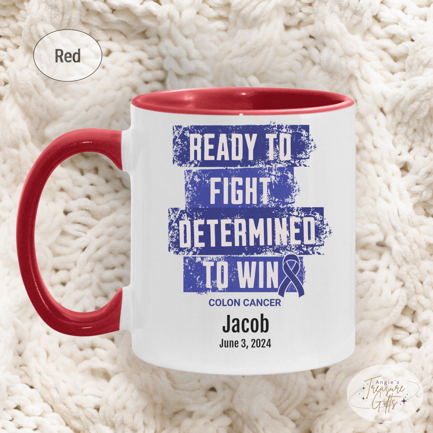 Personalized Colon Cancer Awareness Mug – “Ready to Fight, Determined to Win” – Dark Blue Ribbon Survivor Gift