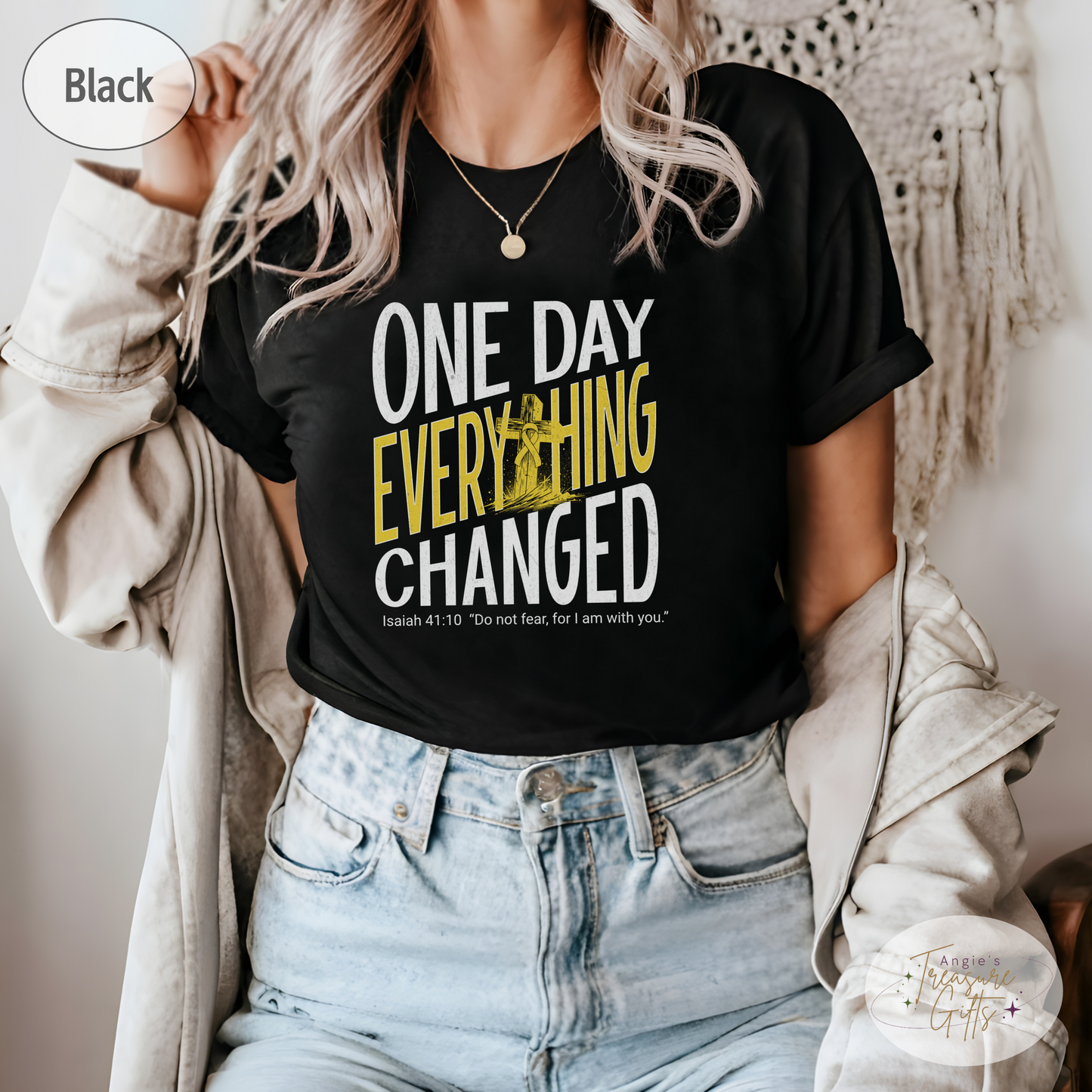 One Day Everything Changed Isaiah 41:10 Sarcoma Awareness Shirt | Yellow Ribbon Faith Hope Love Bella Canvas 3001 Tee