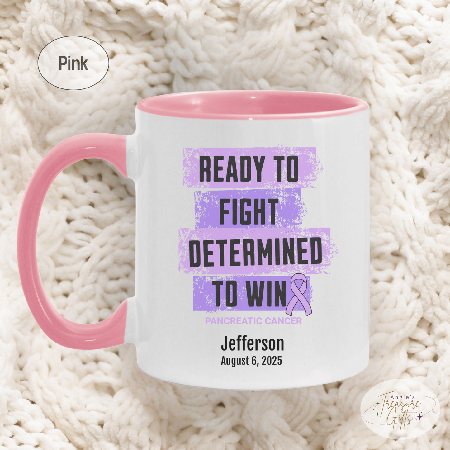 Personalized Pancreatic Cancer Awareness Mug – “Ready to Fight, Determined to Win” – Purple Ribbon Survivor Gift